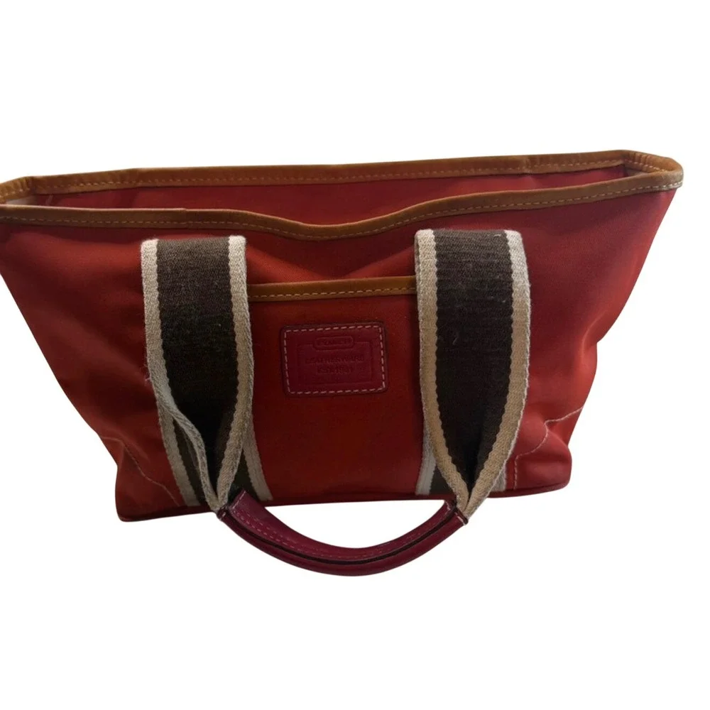 Flawed Gem! Coach Hamptons Weekend Canvas Tote Bag Brown Striped Leather Trim